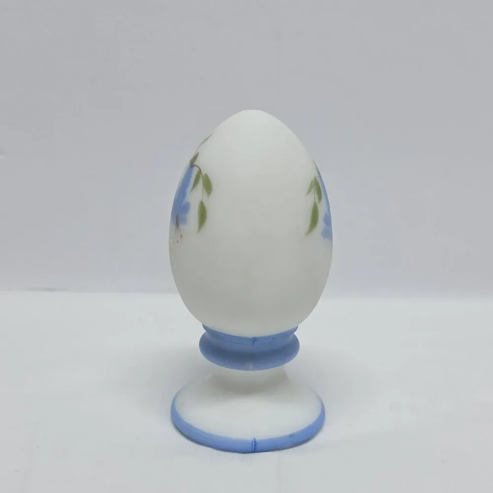 FENTON SATIN MILK GLASS HAND PAINTED BLUE BELLS EGG ON STAND SIGNED VINTAGE